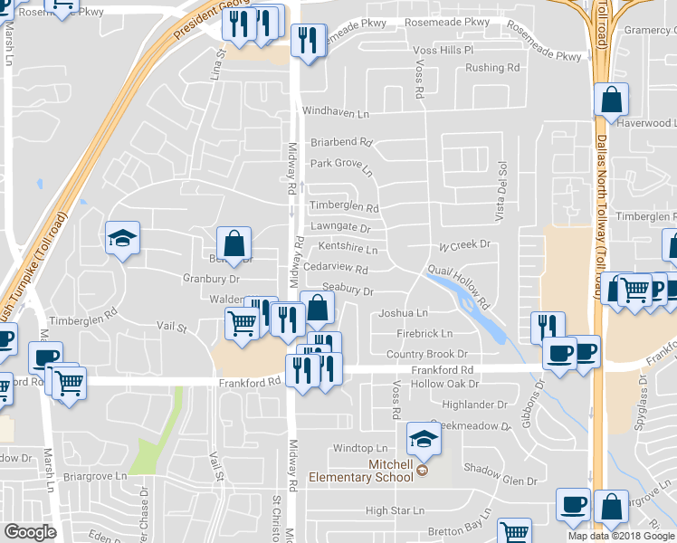 map of restaurants, bars, coffee shops, grocery stores, and more near 4028 Cedarview Road in Dallas