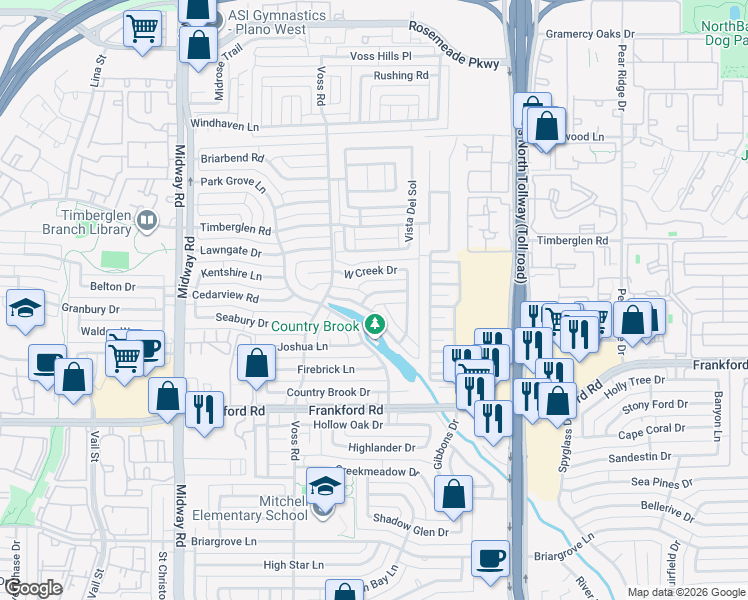 map of restaurants, bars, coffee shops, grocery stores, and more near 4408 Black Otter Trail in Dallas