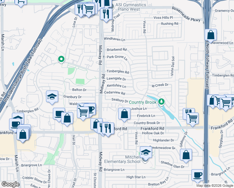 map of restaurants, bars, coffee shops, grocery stores, and more near 4028 Cedarview Road in Dallas