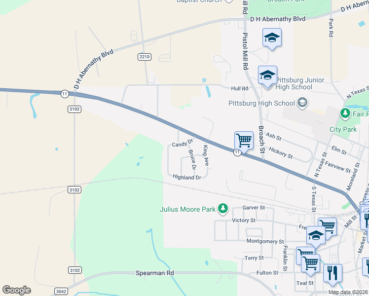 map of restaurants, bars, coffee shops, grocery stores, and more near 106 Candy Drive in Pittsburg