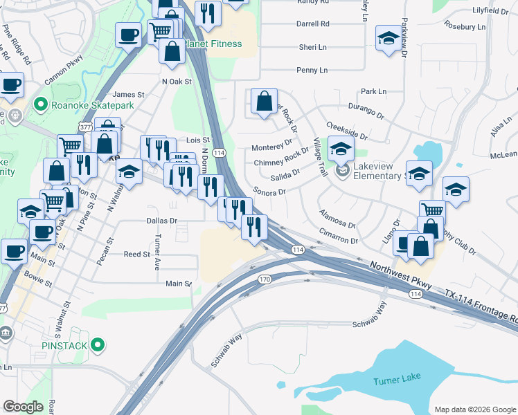 map of restaurants, bars, coffee shops, grocery stores, and more near 4 Mesa Verde Court in Trophy Club