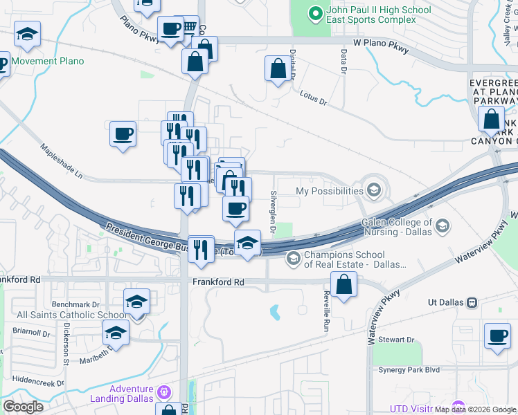 map of restaurants, bars, coffee shops, grocery stores, and more near 301 Silverglen Drive in Plano