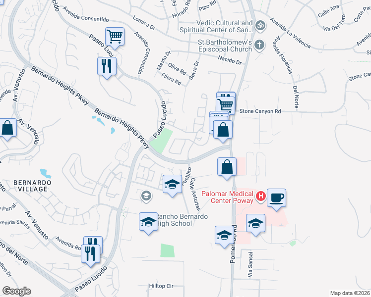 map of restaurants, bars, coffee shops, grocery stores, and more near 15795 Avenida Villaha in San Diego