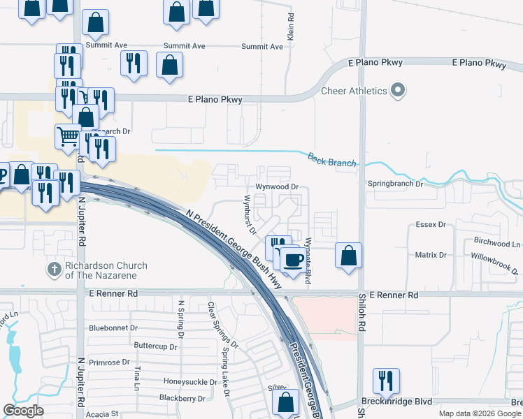 map of restaurants, bars, coffee shops, grocery stores, and more near 380 Vistacourt Drive in Plano