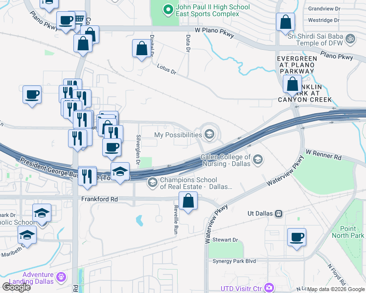 map of restaurants, bars, coffee shops, grocery stores, and more near 3640 Mapleshade Lane in Plano