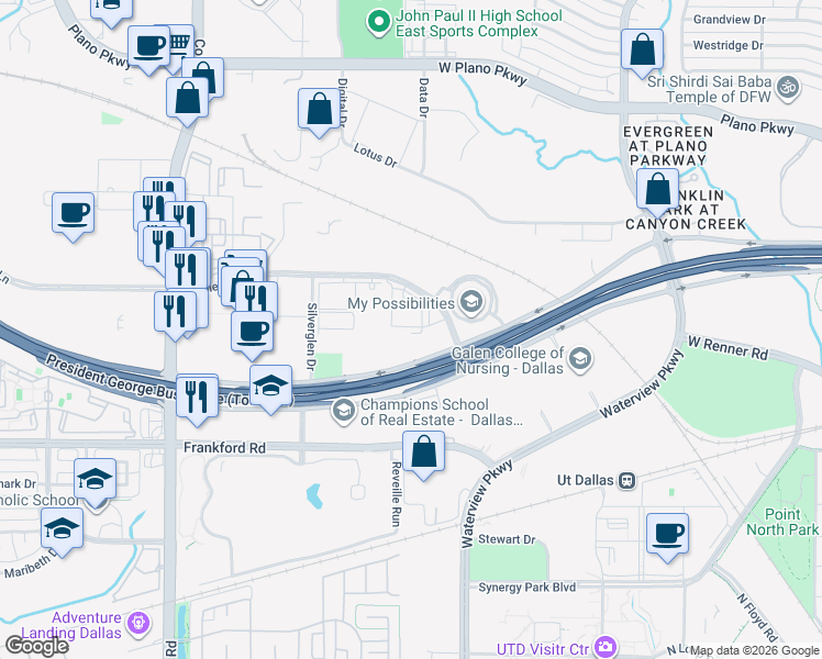 map of restaurants, bars, coffee shops, grocery stores, and more near 3640 Mapleshade Lane in Plano