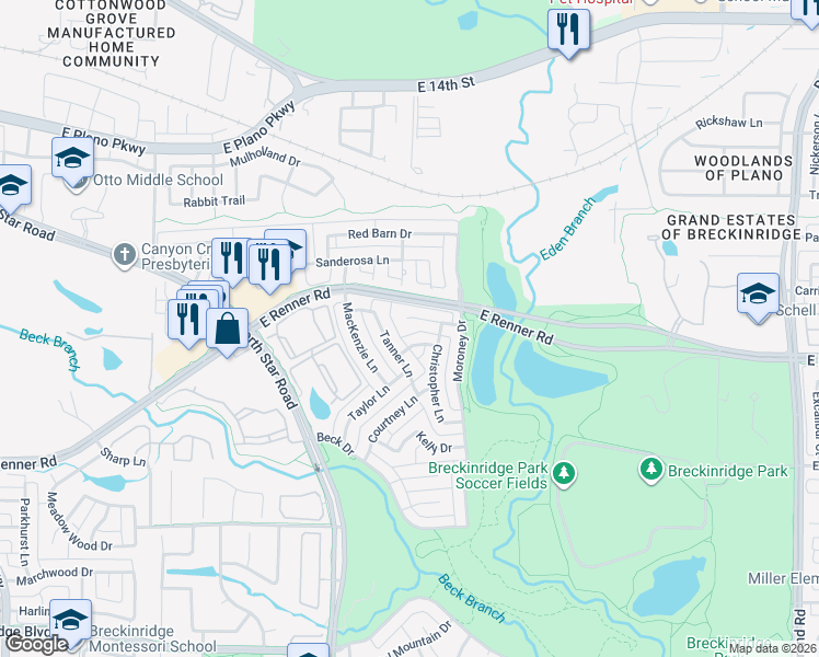 map of restaurants, bars, coffee shops, grocery stores, and more near 4416 Laney Court in Richardson