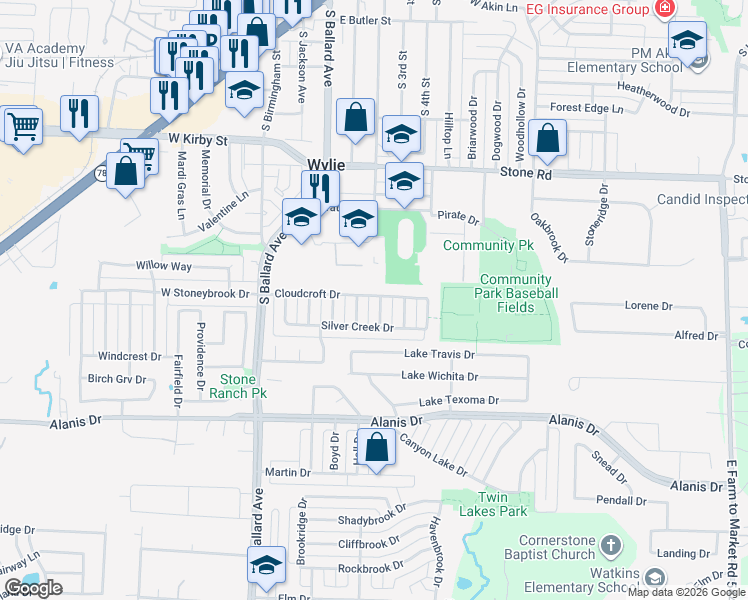 map of restaurants, bars, coffee shops, grocery stores, and more near 1300 Sierra Blanca Drive in Wylie