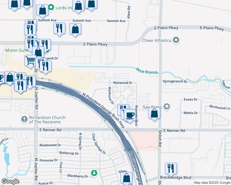map of restaurants, bars, coffee shops, grocery stores, and more near 380 Vistacourt Drive in Plano