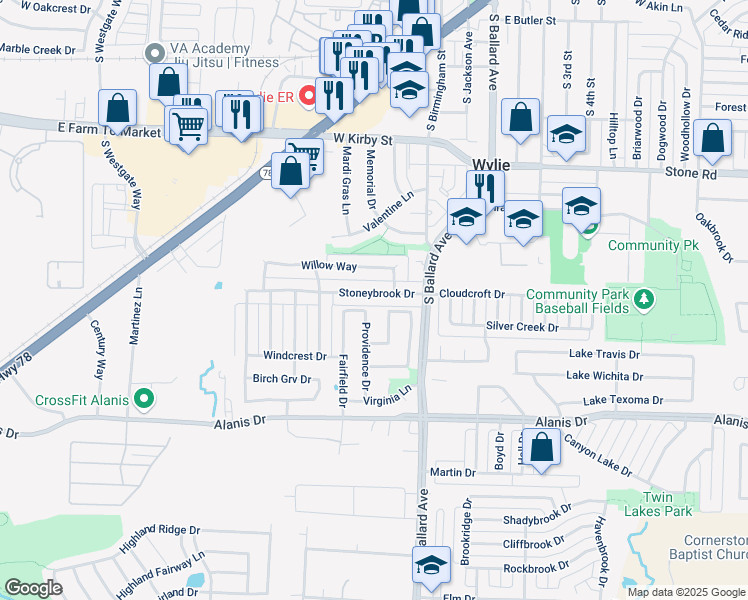 map of restaurants, bars, coffee shops, grocery stores, and more near 503 Stoneybrook Drive in Wylie