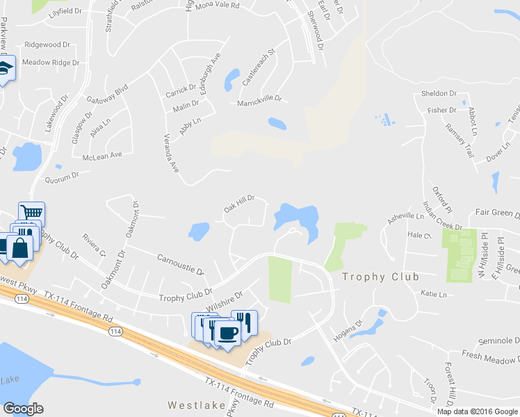 map of restaurants, bars, coffee shops, grocery stores, and more near 242 Oak Hill Drive in Trophy Club