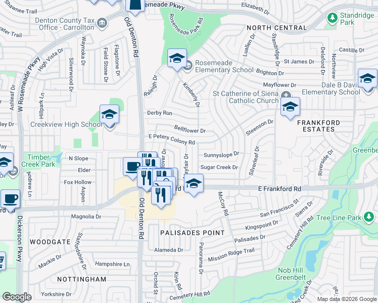 map of restaurants, bars, coffee shops, grocery stores, and more near 3132 Mayfair Drive in Carrollton