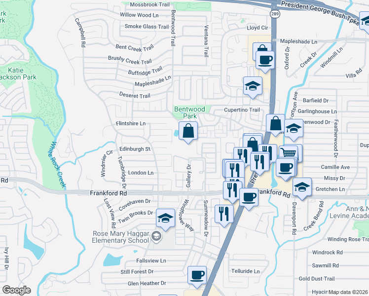 map of restaurants, bars, coffee shops, grocery stores, and more near 18333 Roehampton Drive in Dallas