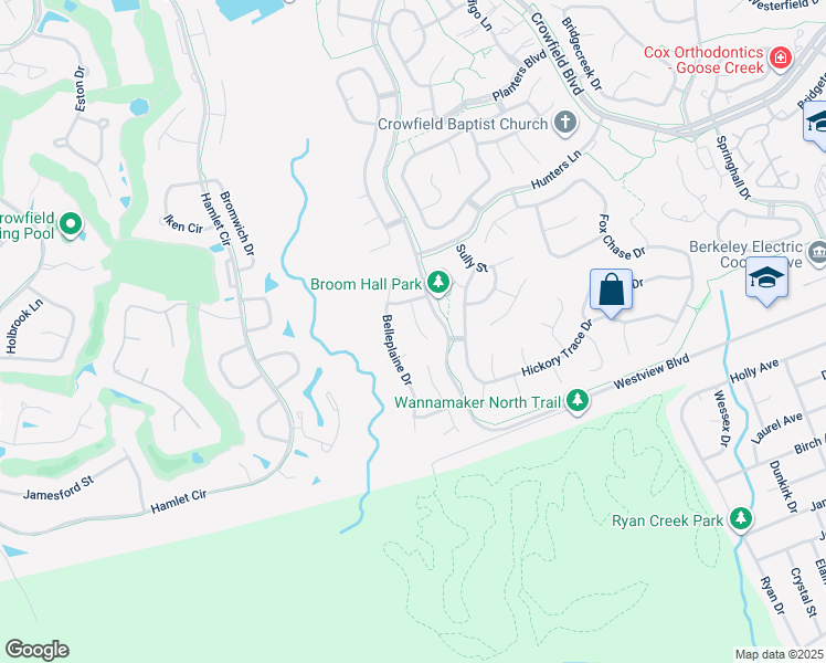 map of restaurants, bars, coffee shops, grocery stores, and more near 108 Speightstown Court in Goose Creek