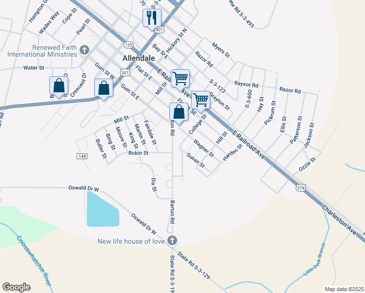 map of restaurants, bars, coffee shops, grocery stores, and more near 533 College Street in Allendale
