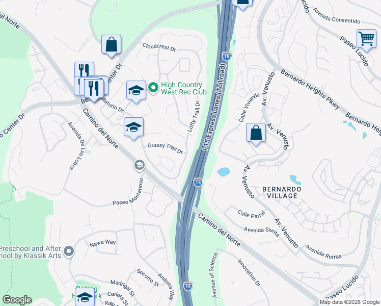 map of restaurants, bars, coffee shops, grocery stores, and more near 15845 Lofty Trail Drive in San Diego