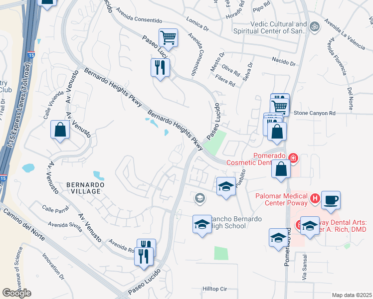 map of restaurants, bars, coffee shops, grocery stores, and more near 12290 Corte Sabio in San Diego