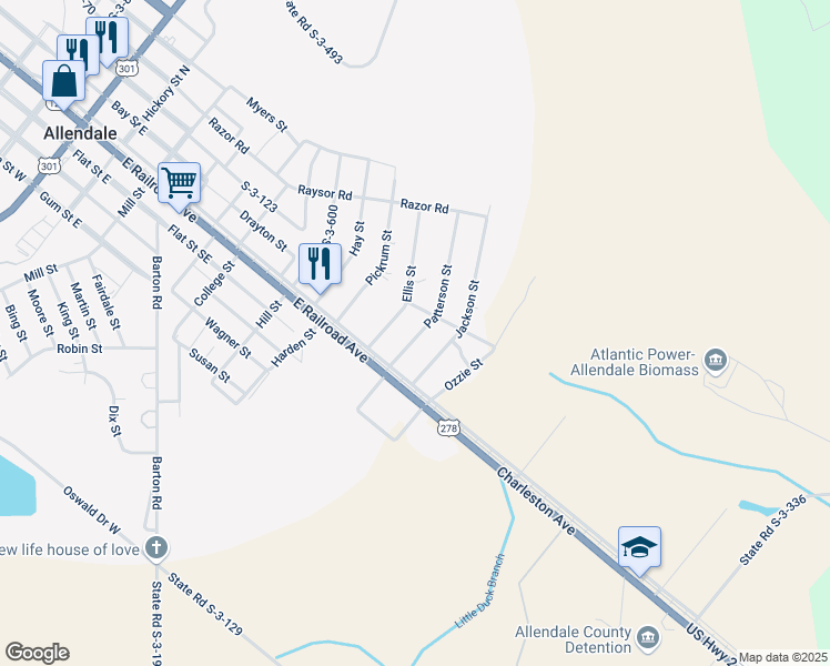 map of restaurants, bars, coffee shops, grocery stores, and more near 281 Patterson Street in Allendale