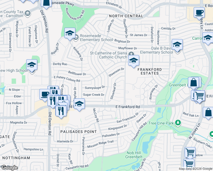 map of restaurants, bars, coffee shops, grocery stores, and more near 3123 Luallen Drive in Carrollton
