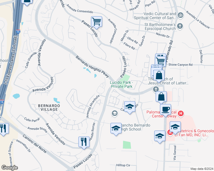 map of restaurants, bars, coffee shops, grocery stores, and more near 12280 Corte Sabio in San Diego