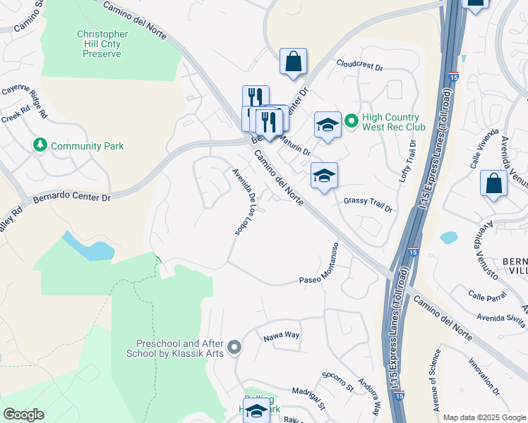map of restaurants, bars, coffee shops, grocery stores, and more near 11227 Avenida De Los Lobos in San Diego
