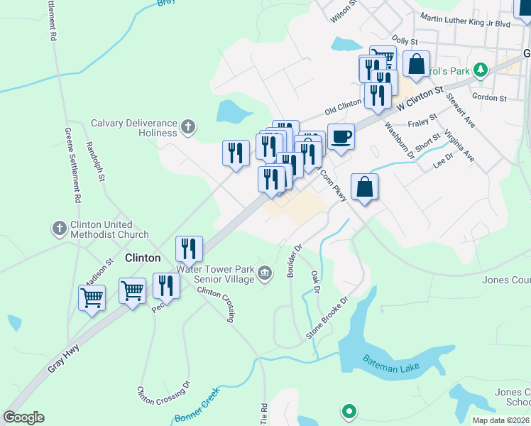 map of restaurants, bars, coffee shops, grocery stores, and more near 4386 Gray Highway in Gray