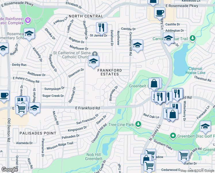 map of restaurants, bars, coffee shops, grocery stores, and more near 1737 East Frankford Road in Carrollton