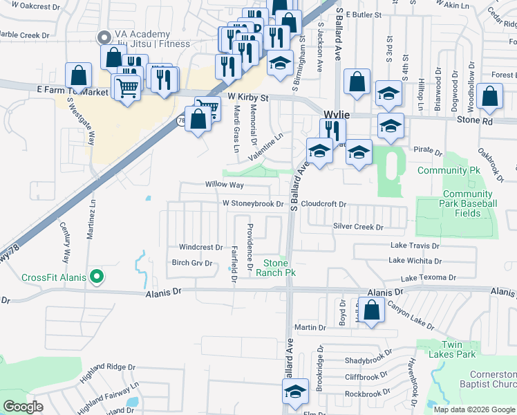 map of restaurants, bars, coffee shops, grocery stores, and more near 407 Stoneybrook Drive in Wylie