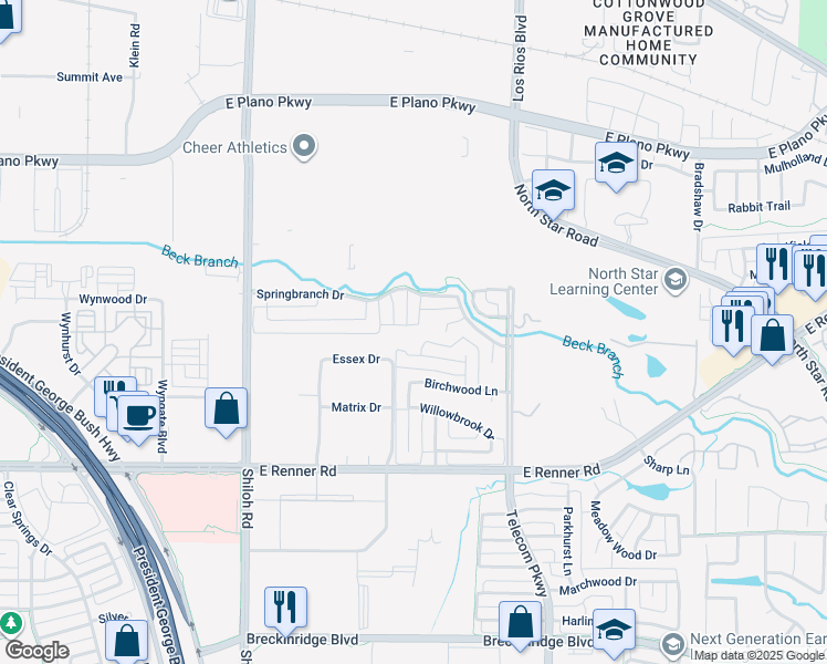 map of restaurants, bars, coffee shops, grocery stores, and more near 3603 Trailwood Drive in Richardson