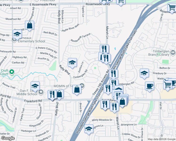map of restaurants, bars, coffee shops, grocery stores, and more near 123 Timberglen Road in Dallas
