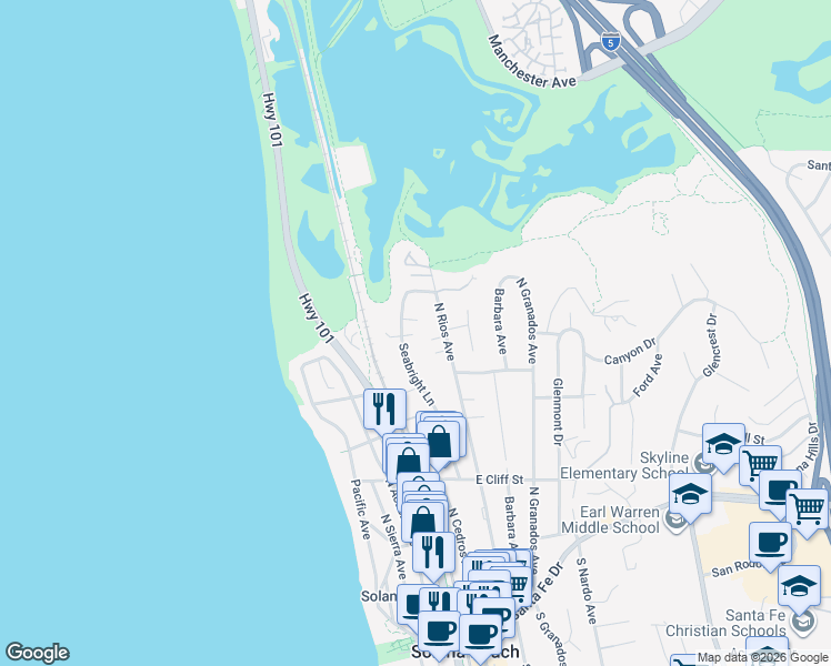 map of restaurants, bars, coffee shops, grocery stores, and more near 738 Seabright Ln in Solana Beach