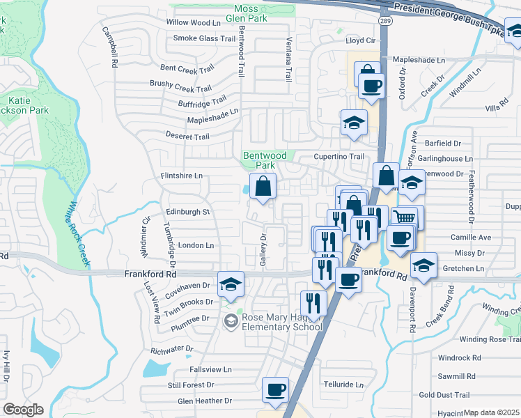 map of restaurants, bars, coffee shops, grocery stores, and more near 18333 Roehampton Drive in Dallas