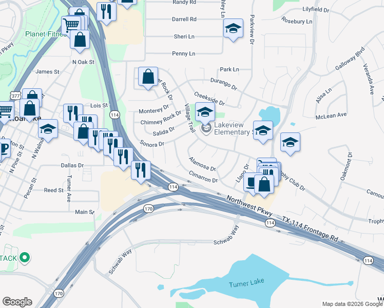 map of restaurants, bars, coffee shops, grocery stores, and more near 32 Alamosa Dr in Trophy Club