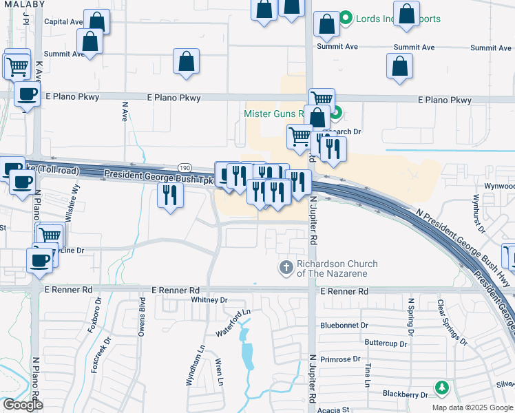 map of restaurants, bars, coffee shops, grocery stores, and more near Shire Boulevard in Richardson