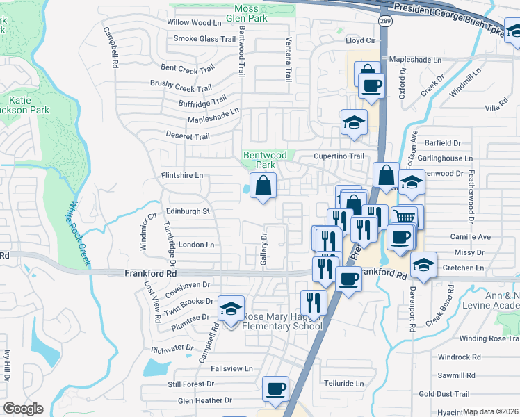 map of restaurants, bars, coffee shops, grocery stores, and more near 18333 Roehampton Drive in Dallas