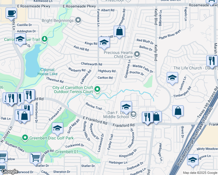 map of restaurants, bars, coffee shops, grocery stores, and more near 2116 Croft Road in Carrollton