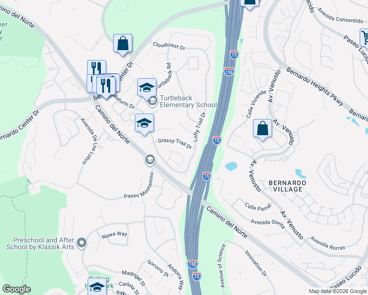 map of restaurants, bars, coffee shops, grocery stores, and more near 11459 Grassy Trail Drive in San Diego