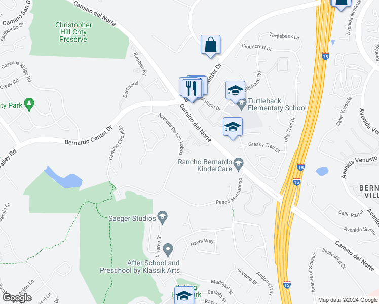 map of restaurants, bars, coffee shops, grocery stores, and more near 11227 Avenida De Los Lobos in San Diego