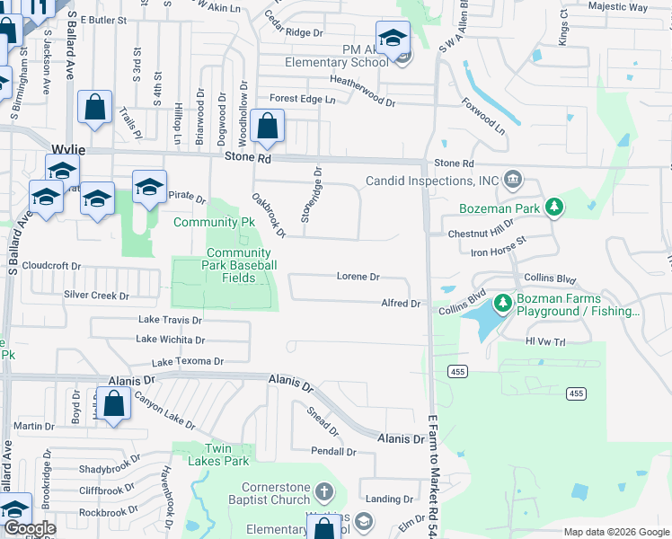 map of restaurants, bars, coffee shops, grocery stores, and more near 912 Lorene Drive in Wylie
