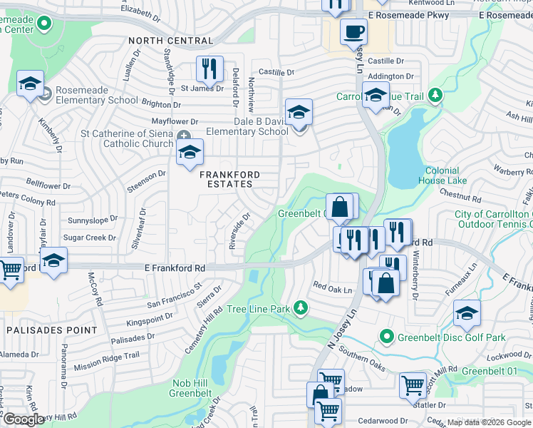 map of restaurants, bars, coffee shops, grocery stores, and more near 3100 Delaford Drive in Carrollton