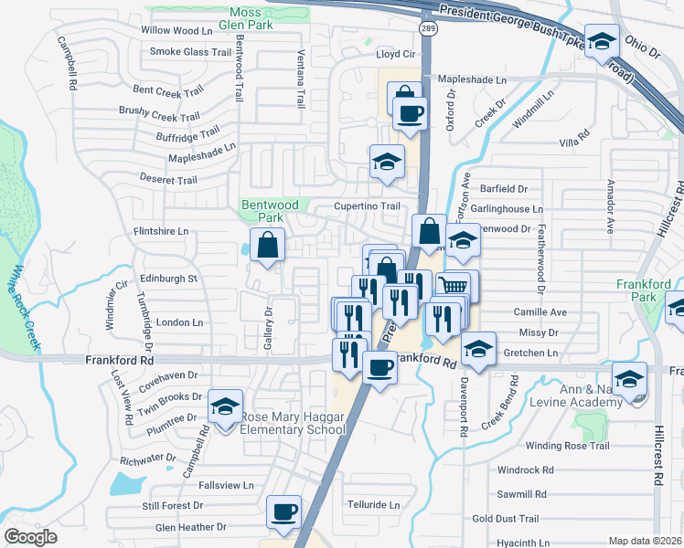 map of restaurants, bars, coffee shops, grocery stores, and more near 6131 Stapleford Cir in Dallas