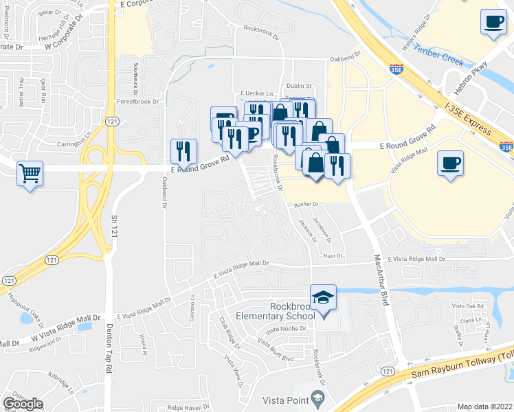 map of restaurants, bars, coffee shops, grocery stores, and more near 300 East Round Grove Road in Lewisville