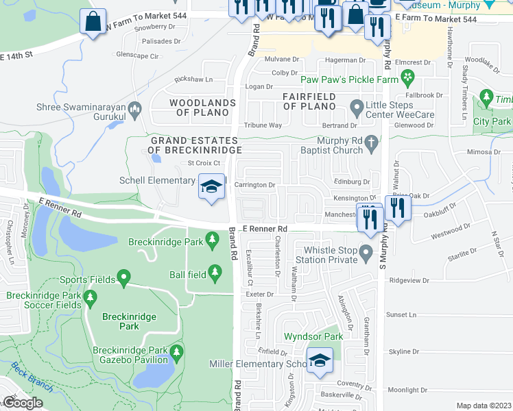 map of restaurants, bars, coffee shops, grocery stores, and more near 5433 Caine Rd in Richardson