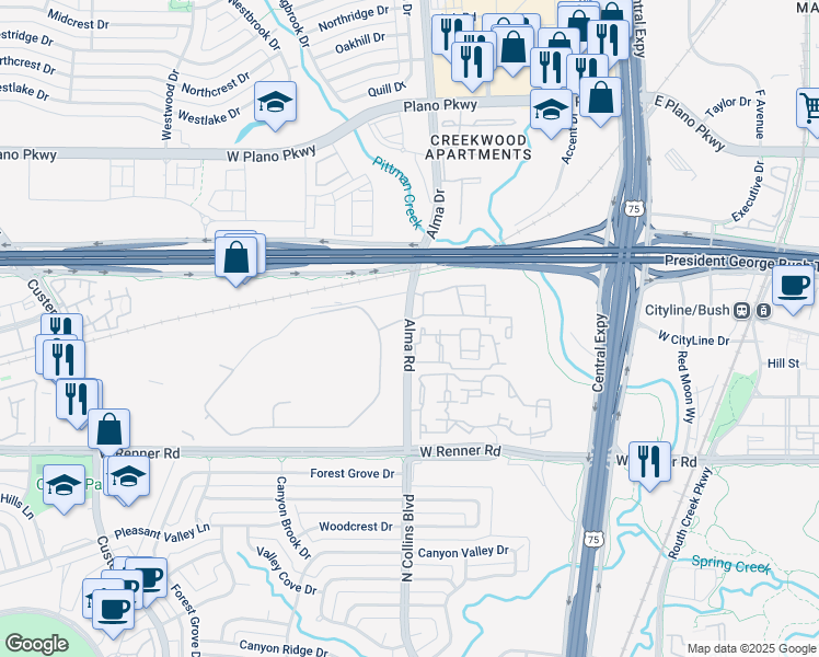 map of restaurants, bars, coffee shops, grocery stores, and more near 3660 Alma Road in Richardson