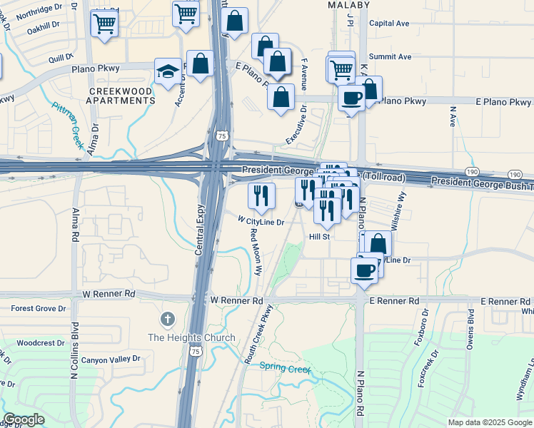 map of restaurants, bars, coffee shops, grocery stores, and more near 120 West CityLine Drive in Richardson