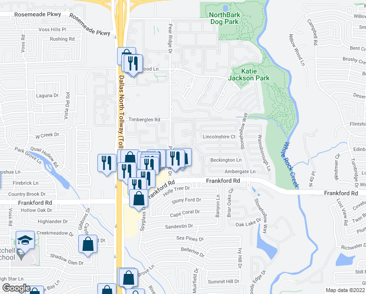 map of restaurants, bars, coffee shops, grocery stores, and more near 4849 Frankford Road in Dallas