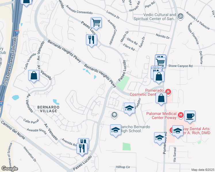map of restaurants, bars, coffee shops, grocery stores, and more near 12791 Paseo Lucido in San Diego