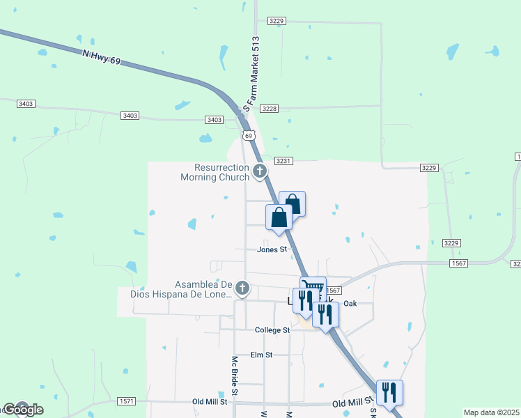map of restaurants, bars, coffee shops, grocery stores, and more near 104 Hall Street in Lone Oak