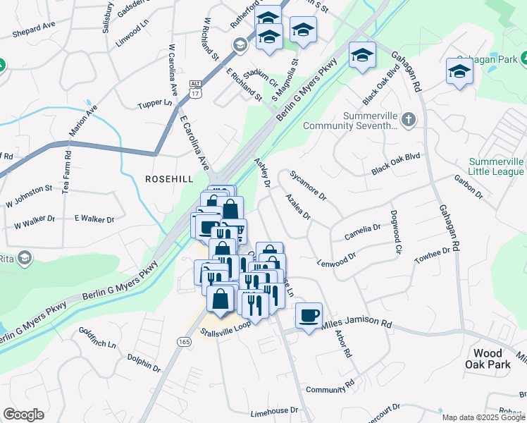 map of restaurants, bars, coffee shops, grocery stores, and more near 301 Rose Lane in Summerville