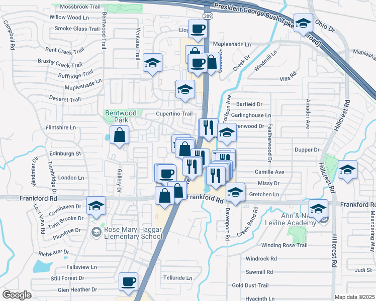 map of restaurants, bars, coffee shops, grocery stores, and more near 18383 Preston Road in Dallas